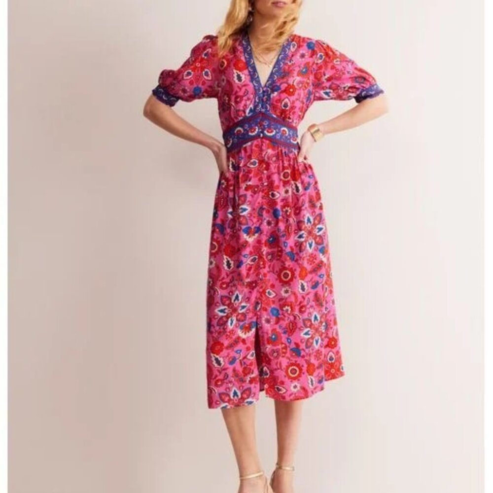 Boden Pink Floral Midi Dress with Blue Trim-US 12 (UK 16)